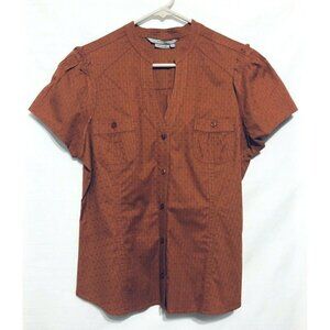 To The Max Blouse Womens Large Tapered Ruffle Shoulder Button V Neck Stretch